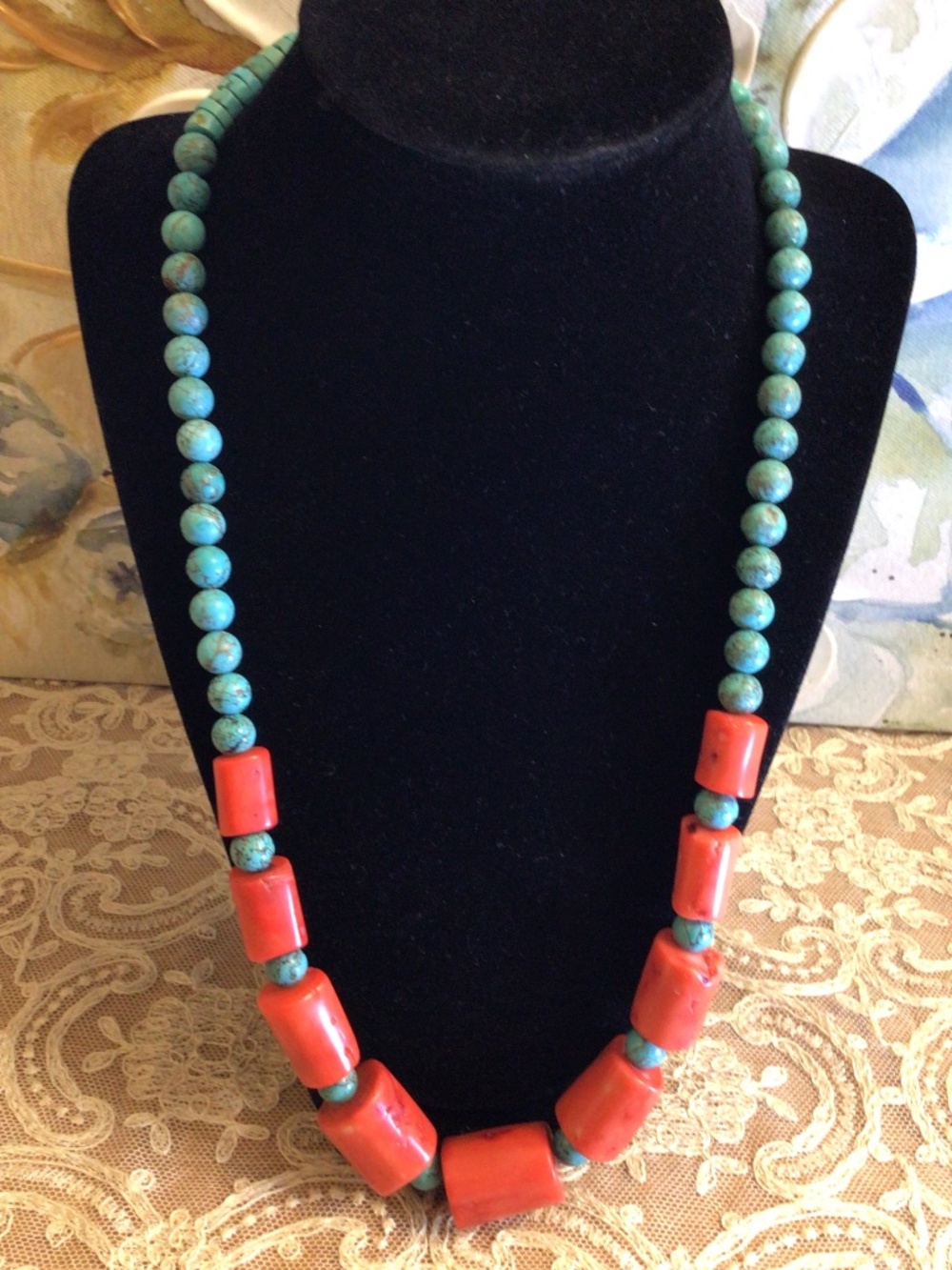 Southwestern Beaded Coral and Turquoise Statement Necklace Toggle Clasp